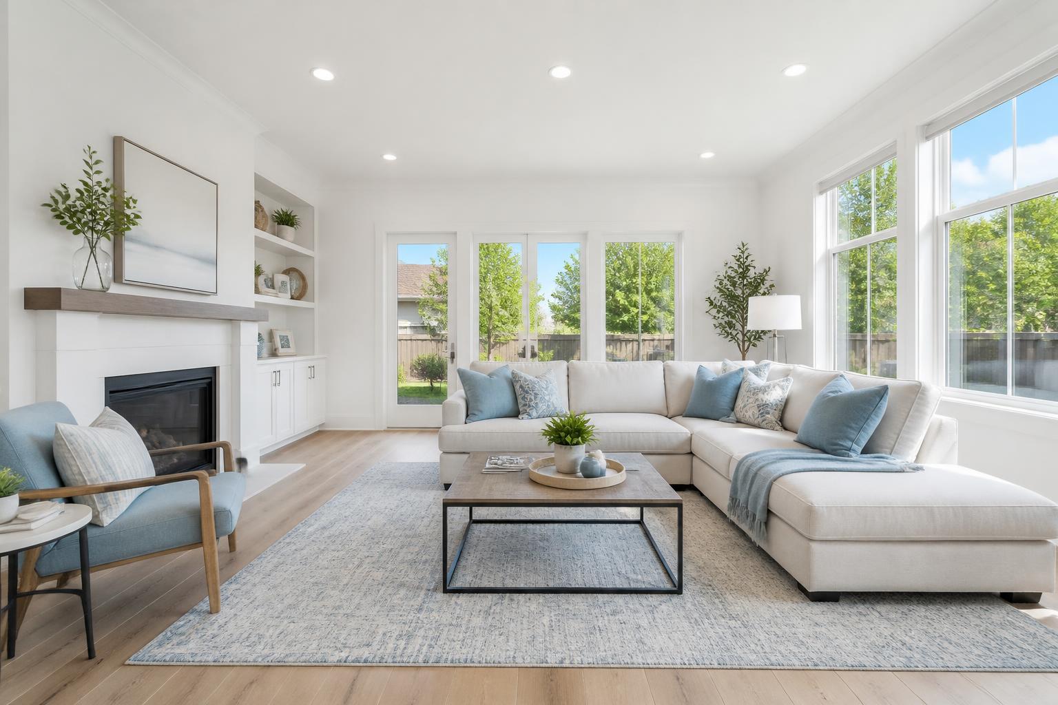 Bright spotless modern kitchen and living room with gleaming polished floors